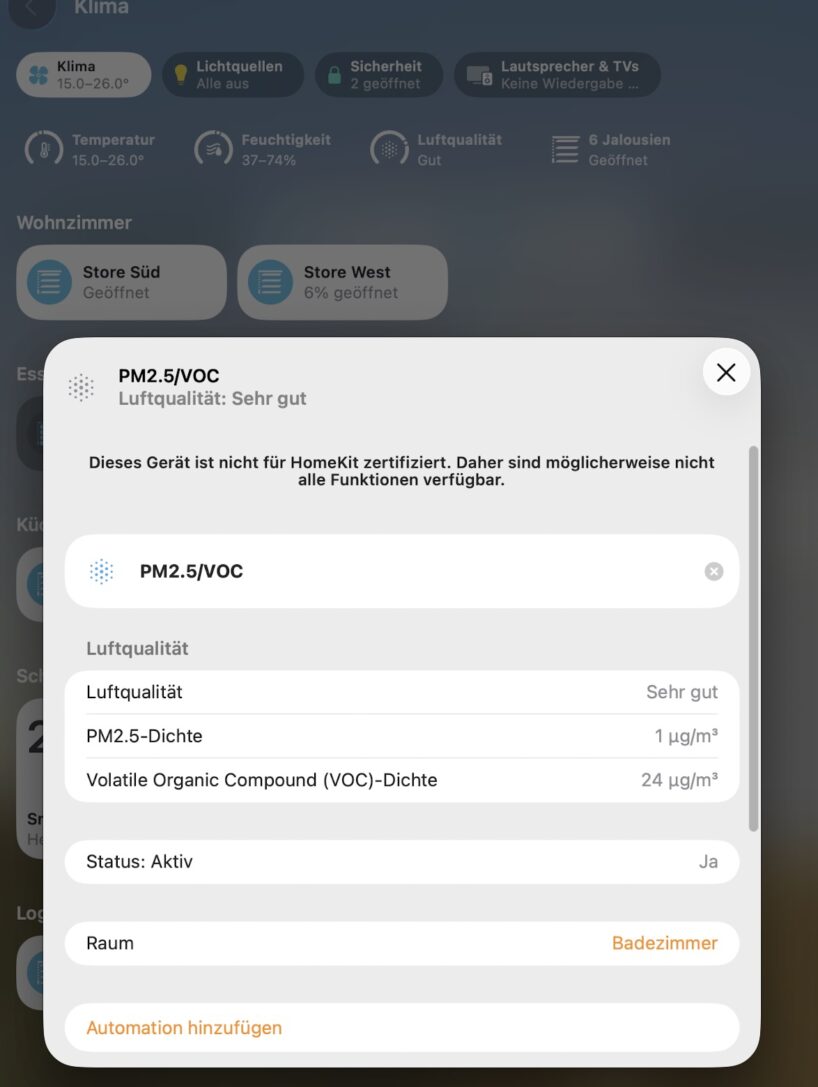 Abbildung 10: Der integrierte Umweltsensor «PM2.5/VOC» in der Apple Home App