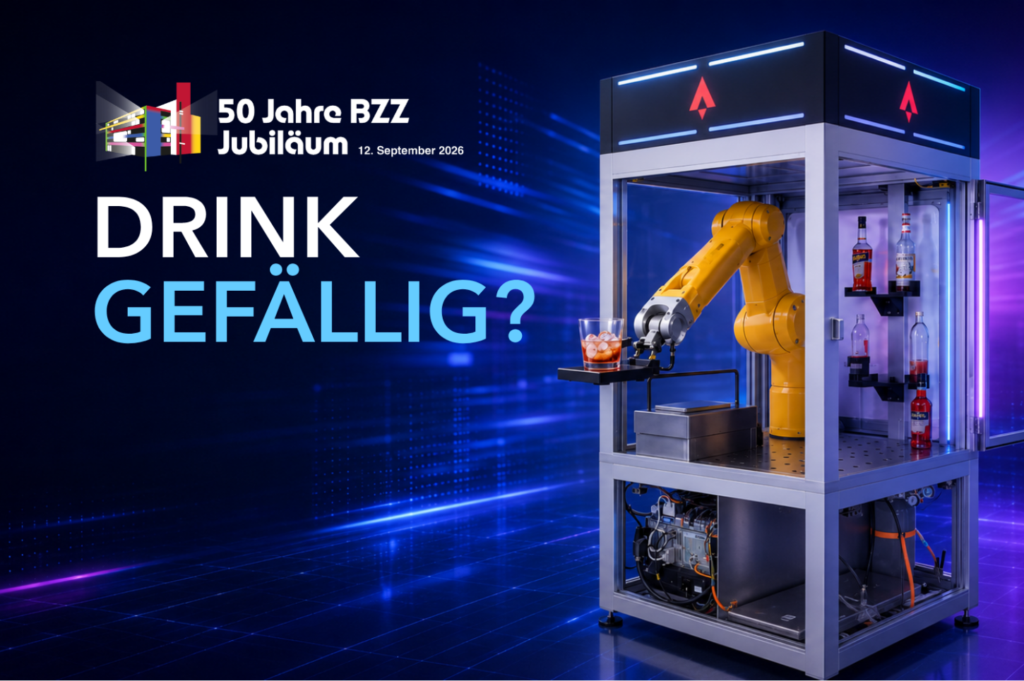 Roboter-Kellner am 50-Jahre-BZZ-Jubiläum bei Inovatech-Banner